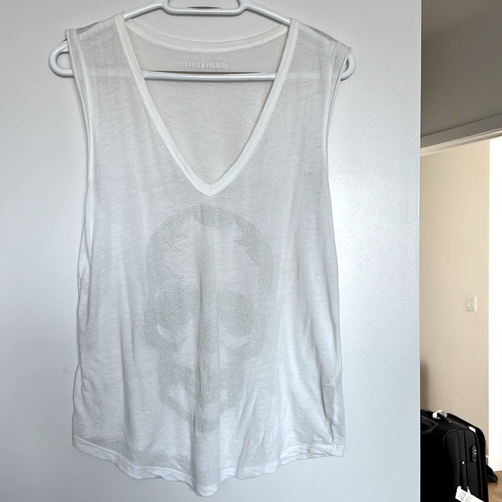 White sleeveless T-shirt, studded skull. Zadig and Voltaire